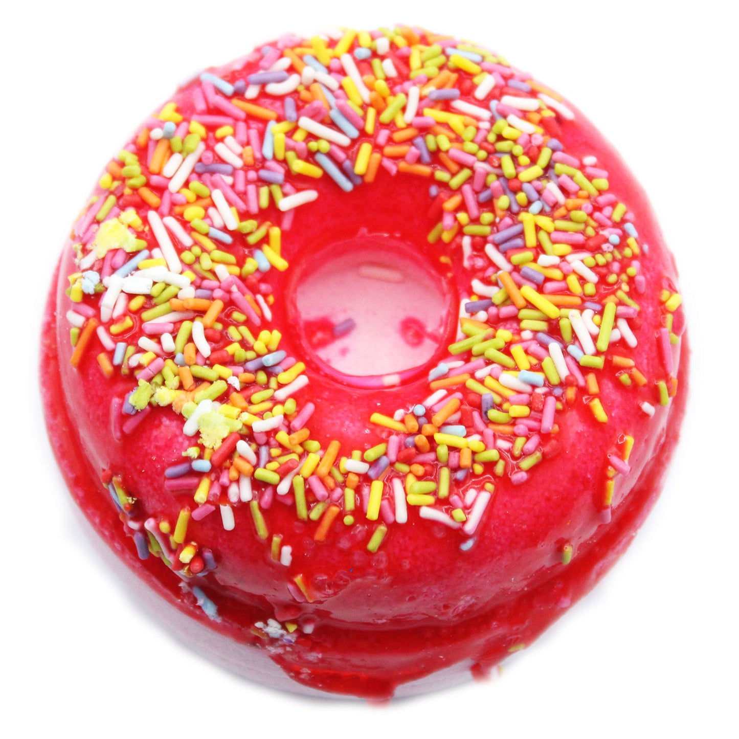 Luxury Donut Bath Bomb – Strawberry & Banana with fruity scent, sprinkle topping, and skin-softening coconut oil.