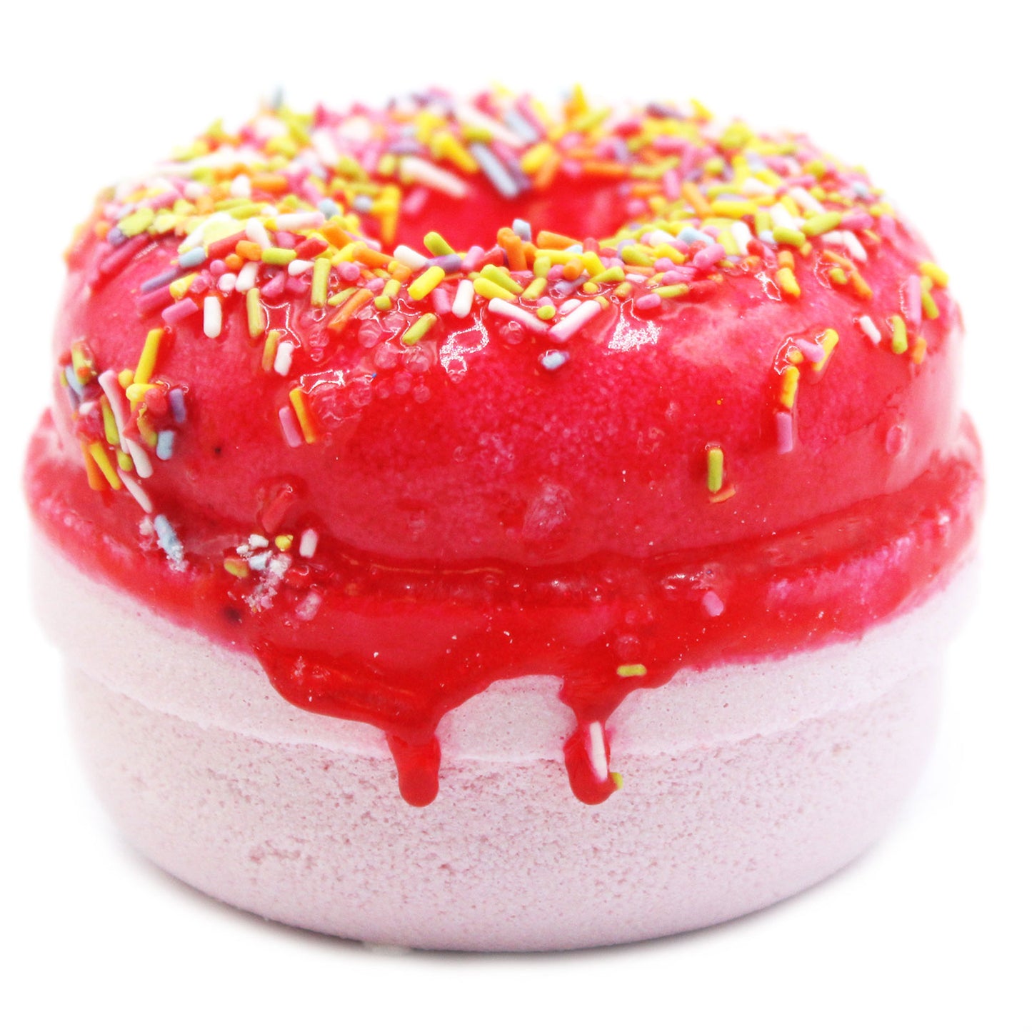 Luxury Donut Bath Bomb – Strawberry & Banana with fruity scent, sprinkle topping, and skin-softening coconut oil.