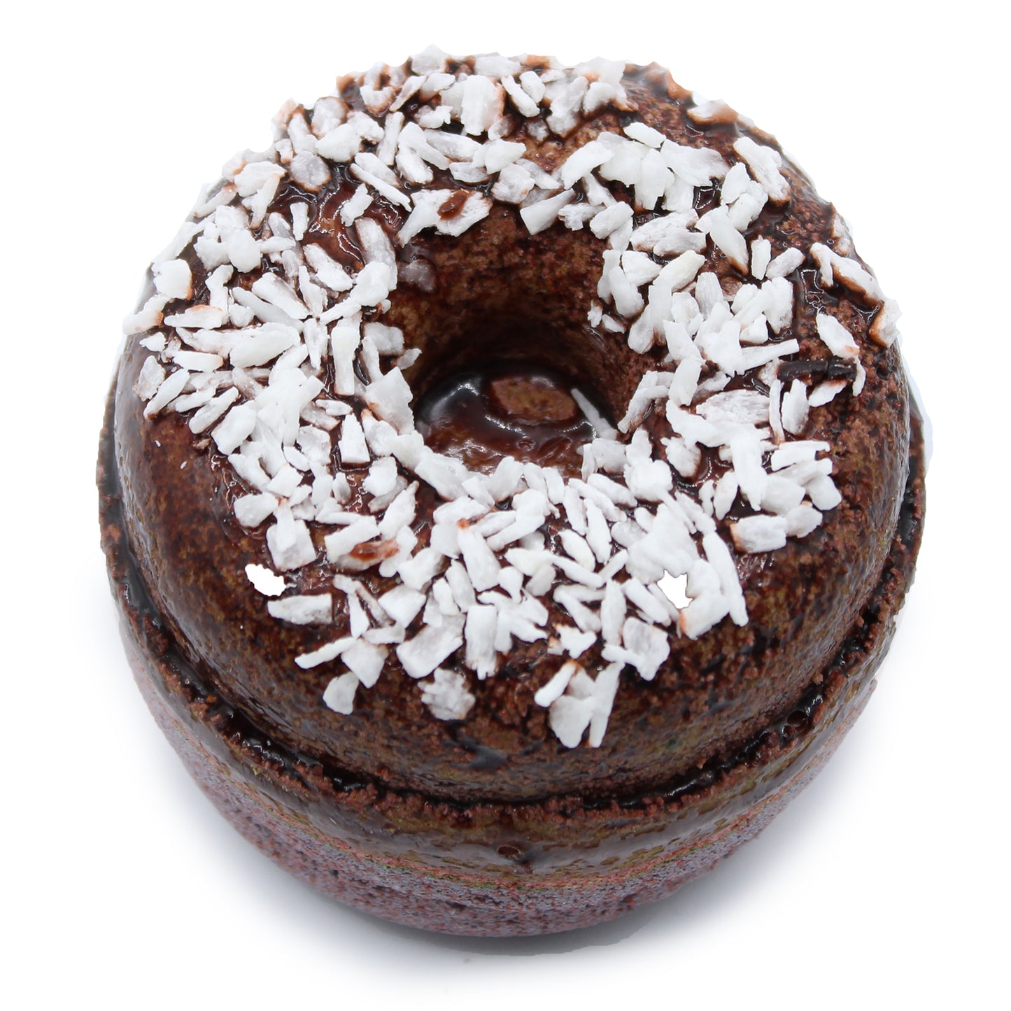 Luxury Donut Bath Bomb – Chocolate & Coconut with rich cocoa scent, desiccated coconut topping, and skin-softening coconut oil.