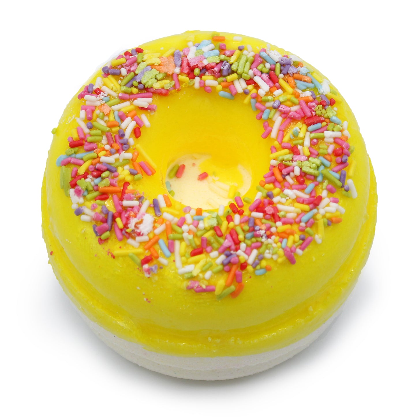 Luxury Donut Bath Bomb – Lemon Meringue with zesty citrus scent, sprinkle topper, and skin-softening coconut oil.