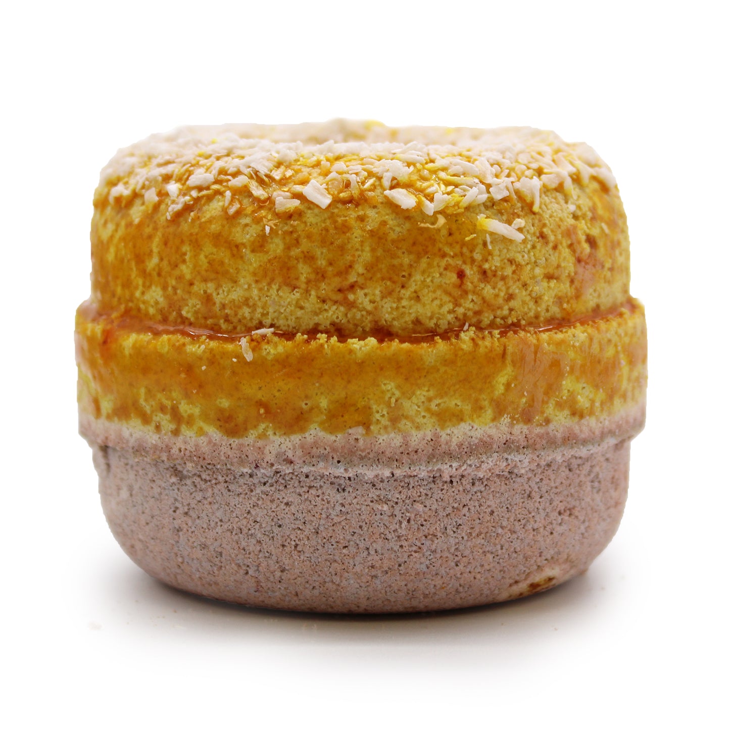 Luxury Donut Bath Bomb – Cinnamon & Vanilla with warm bakery scent, sprinkle topping, and skin-softening coconut oil.