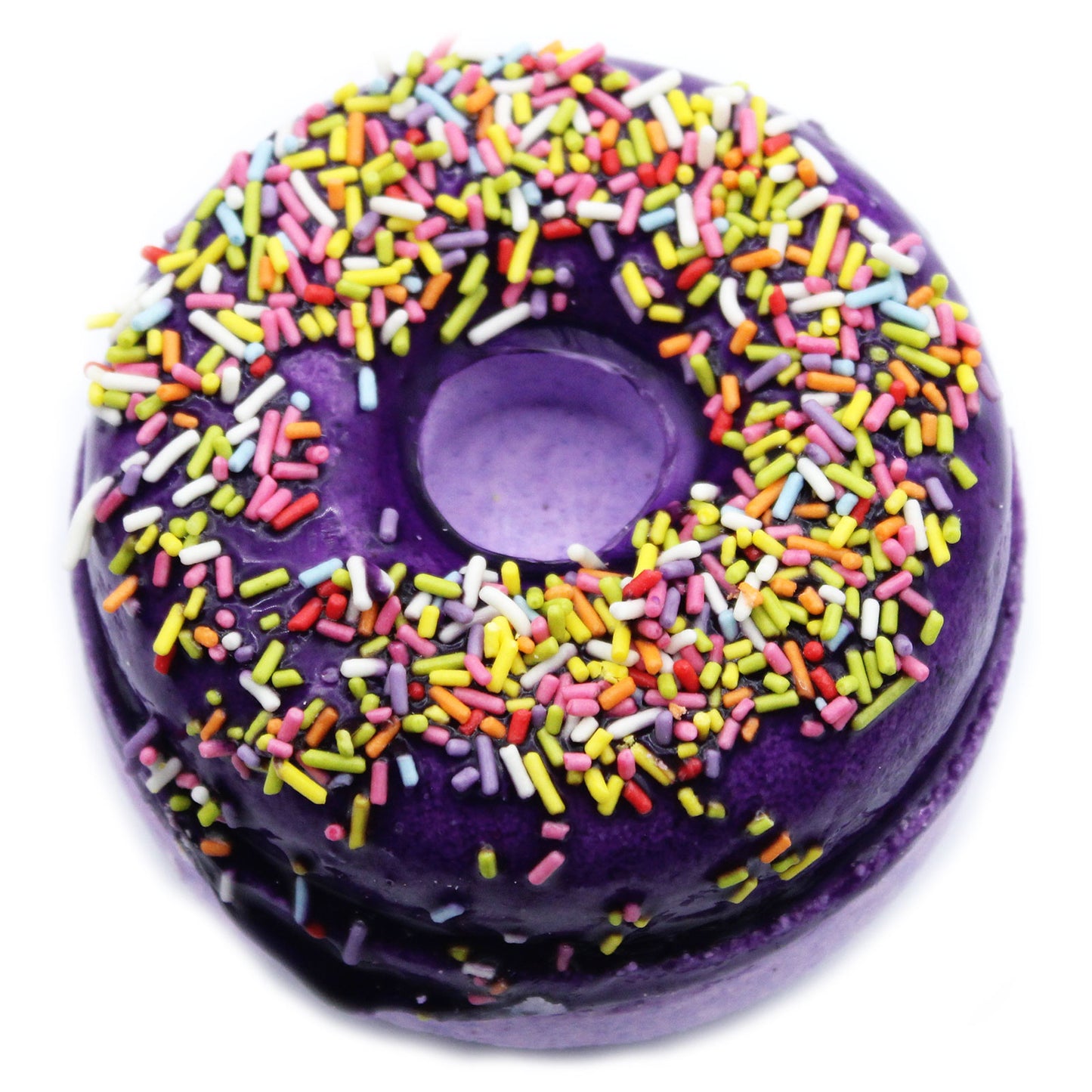 Luxury Donut Bath Bomb – Blackberry & Almond with fruity nut scent, colourful sprinkles, and nourishing coconut oil.