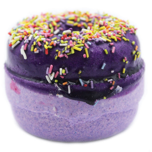 Luxury Donut Bath Bomb – Blackberry & Almond with fruity nut scent, colourful sprinkles, and nourishing coconut oil.