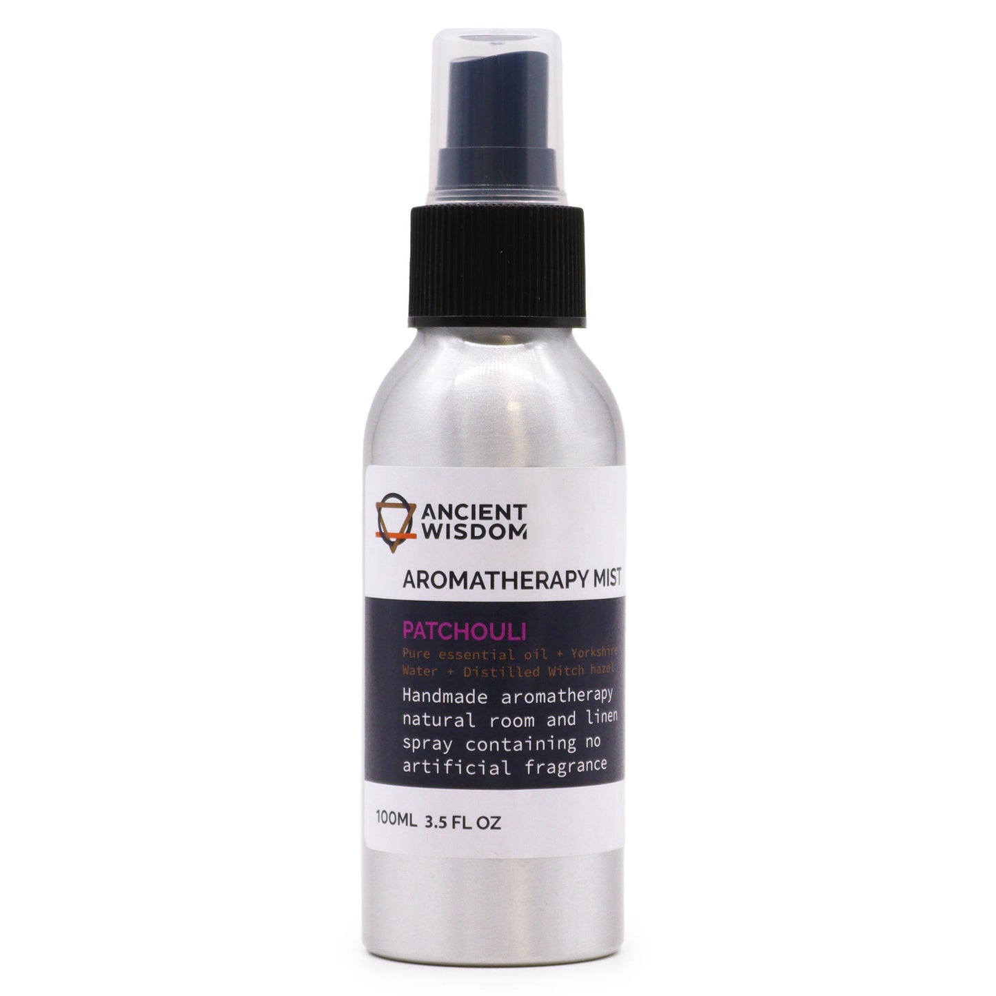 100ml patchouli essential oil room spray in aluminium bottle, ideal for grounding and calm