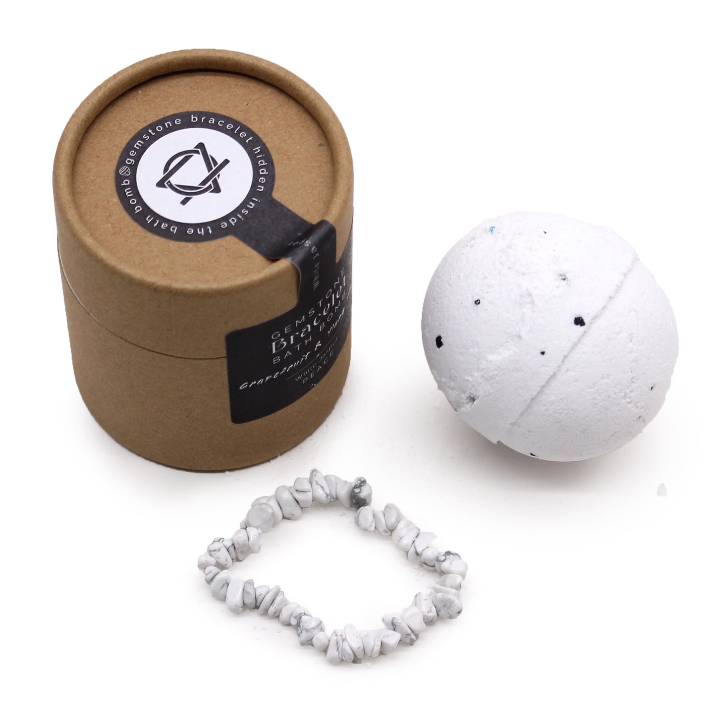 White Jasper gemstone bracelet bath bomb with grapefruit and ylang ylang scent, handcrafted and gift-ready.
