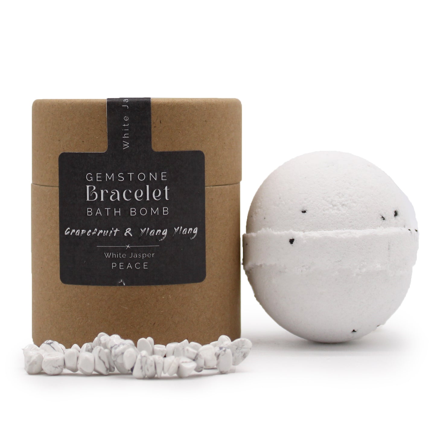 White Jasper gemstone bracelet bath bomb with grapefruit and ylang ylang scent, handcrafted and gift-ready.