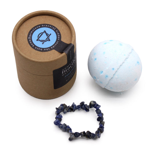 Sodalite gemstone bracelet bath bomb with sandalwood scent, handcrafted and rich in calming aromatherapy.