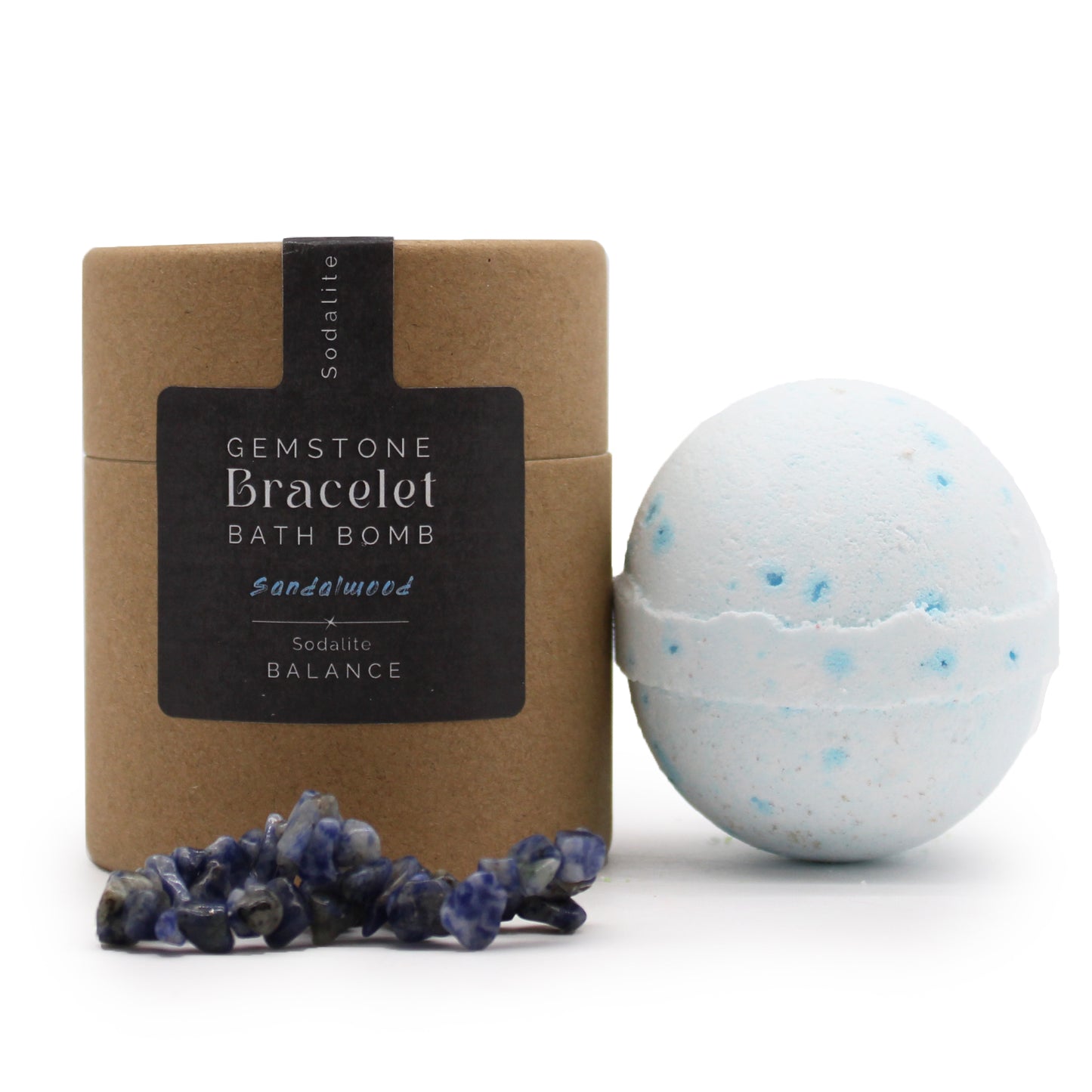 Sodalite gemstone bracelet bath bomb with sandalwood scent, handcrafted and rich in calming aromatherapy.