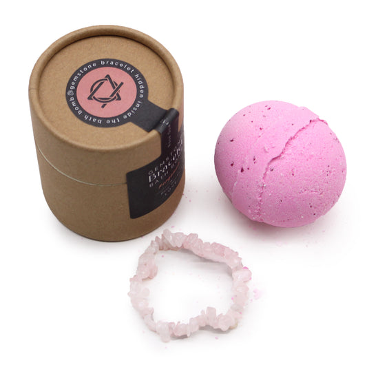 Rose Quartz gemstone bracelet bath bomb with refreshing bergamot scent, handcrafted for self-love and emotional wellness.