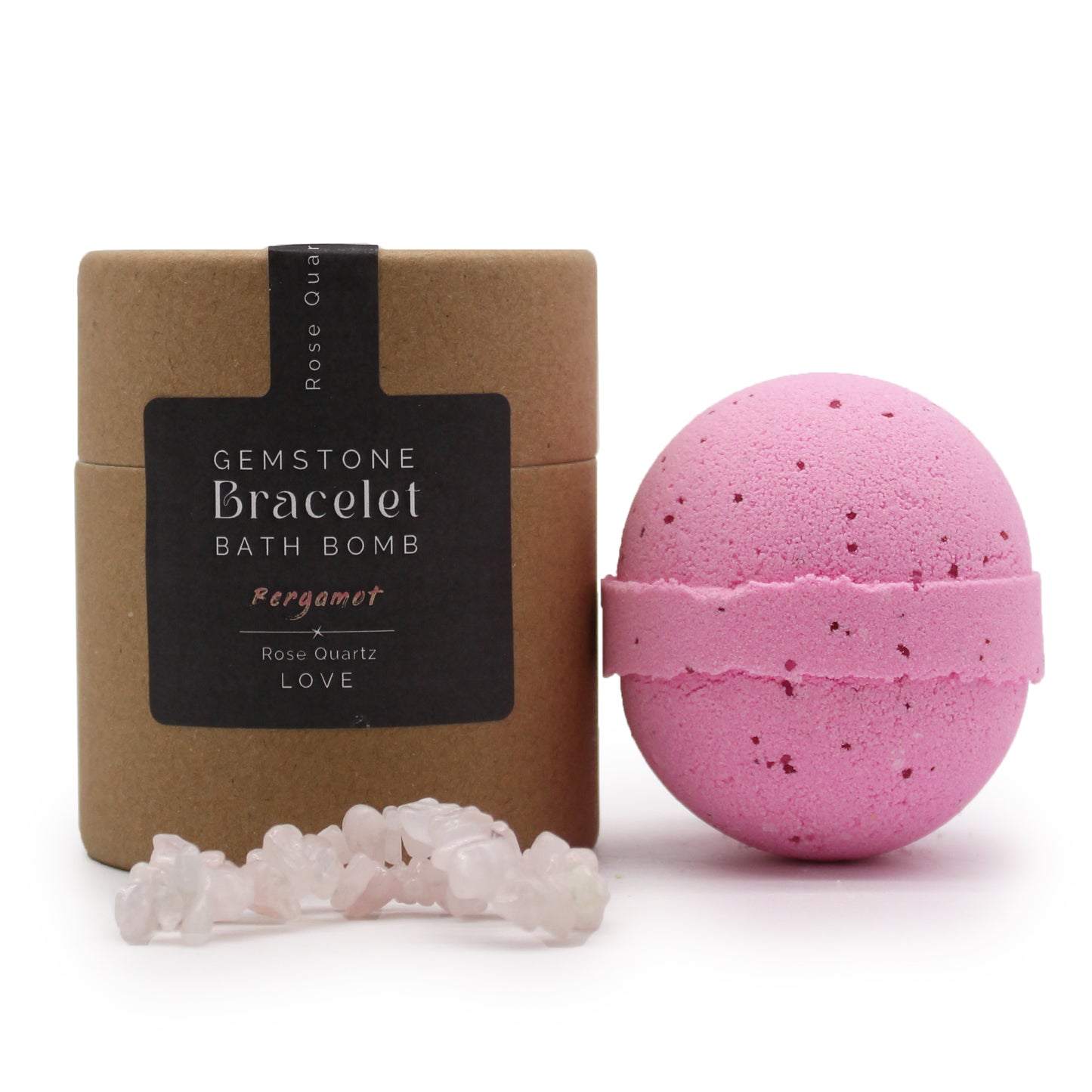 Rose Quartz gemstone bracelet bath bomb with refreshing bergamot scent, handcrafted for self-love and emotional wellness.