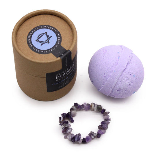Amethyst gemstone bracelet bath bomb with calming lavender and tea tree scent, ideal for relaxation and emotional balance.