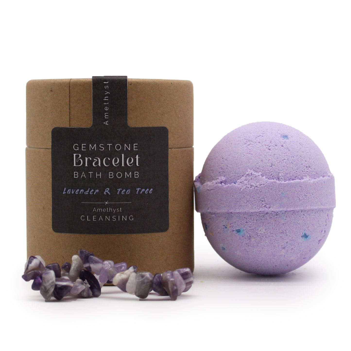 Amethyst gemstone bracelet bath bomb with calming lavender and tea tree scent, ideal for relaxation and emotional balance.