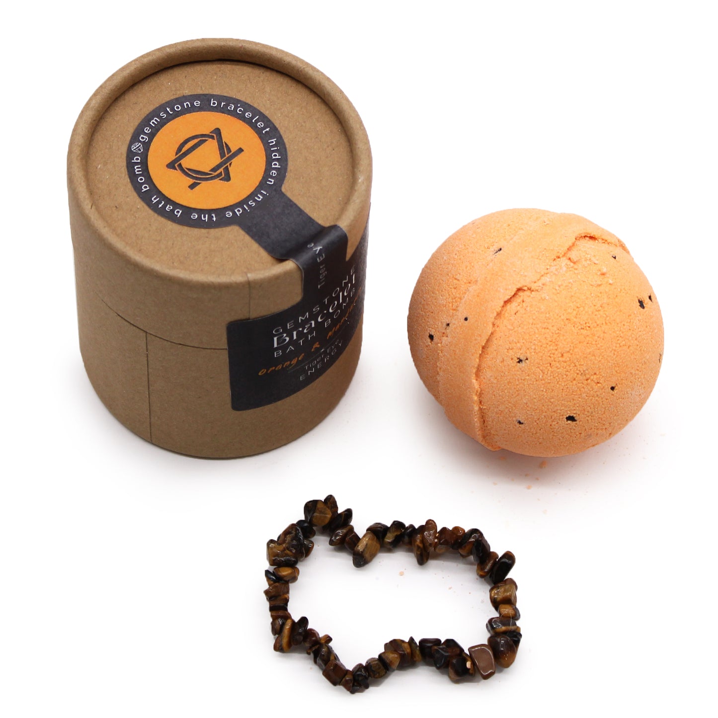 Tiger Eye gemstone bracelet bath bomb with orange and mandarin scent, handcrafted for confidence and daily energy boost.
