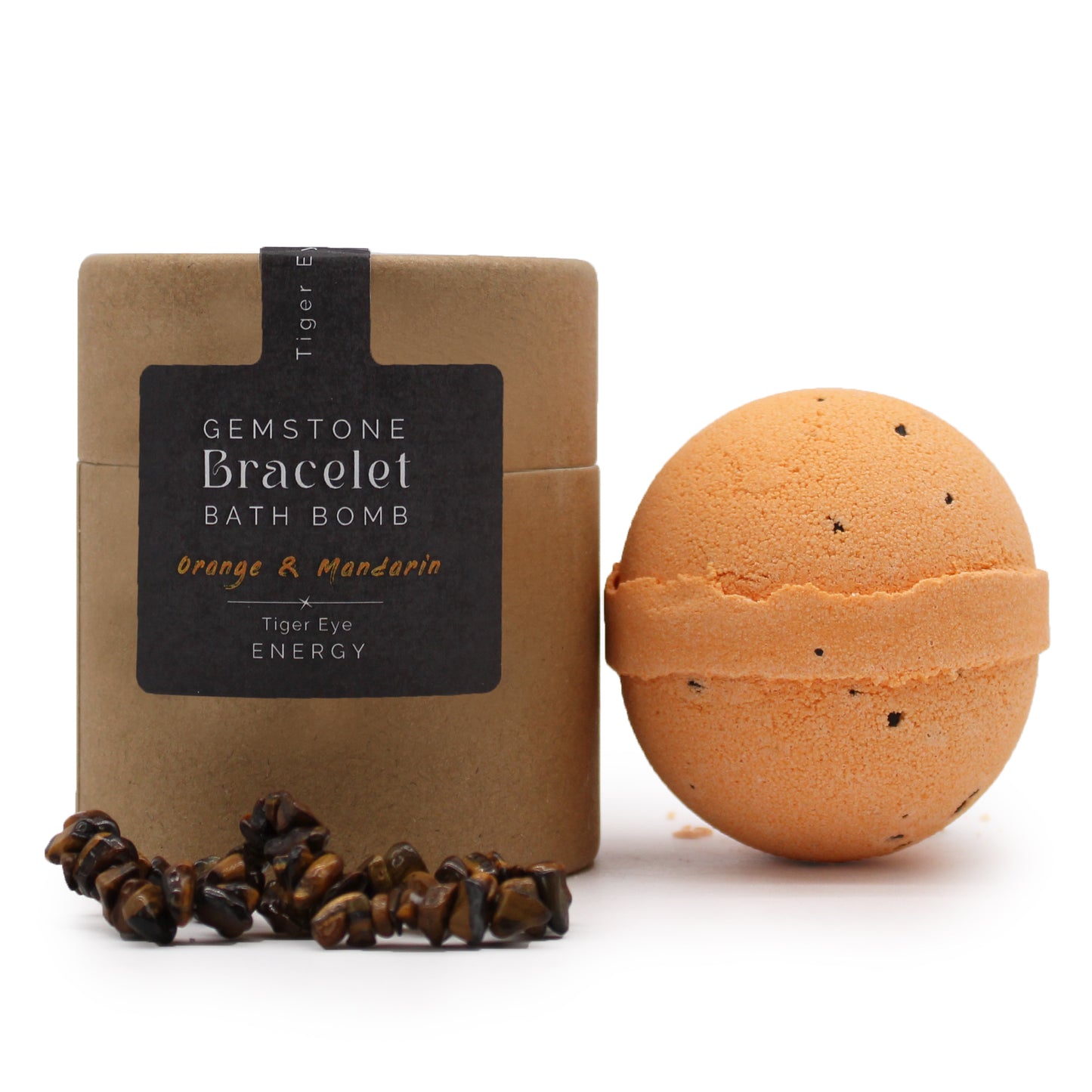 Tiger Eye gemstone bracelet bath bomb with orange and mandarin scent, handcrafted for confidence and daily energy boost.