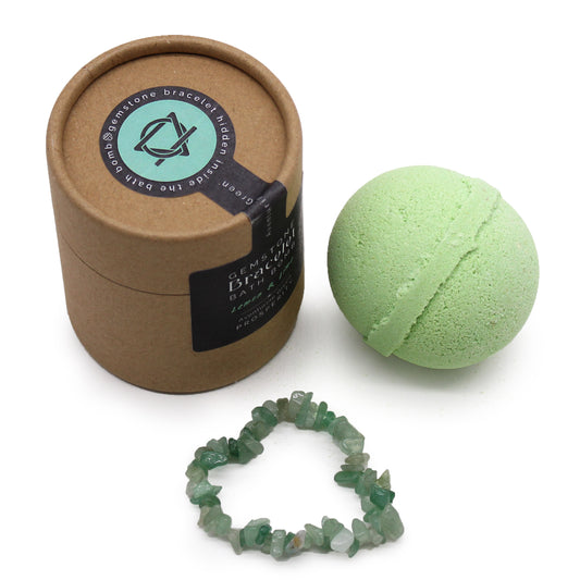 Green Aventurine gemstone bracelet bath bomb with zesty lemon and lime scent, handmade for positivity and fresh energy.