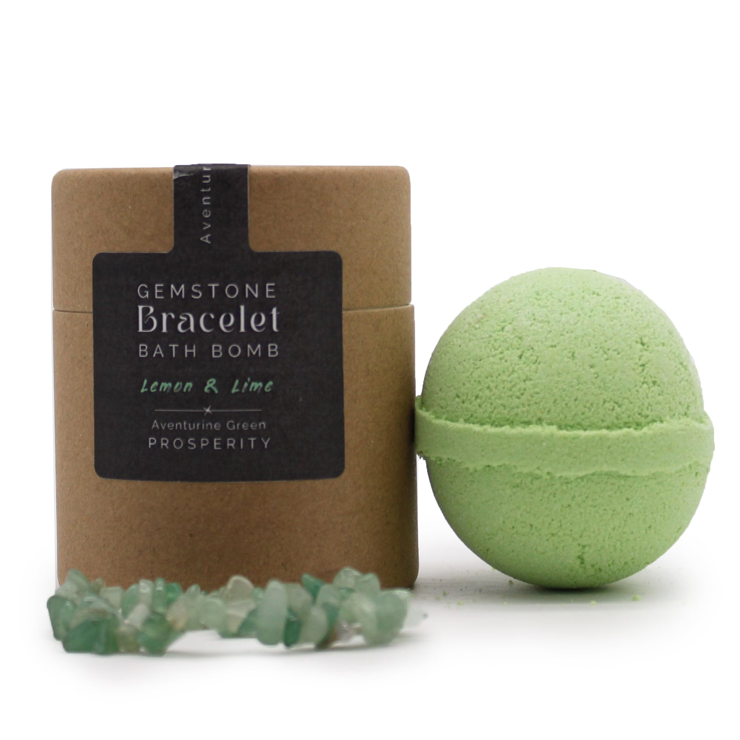 Green Aventurine gemstone bracelet bath bomb with zesty lemon and lime scent, handmade for positivity and fresh energy.
