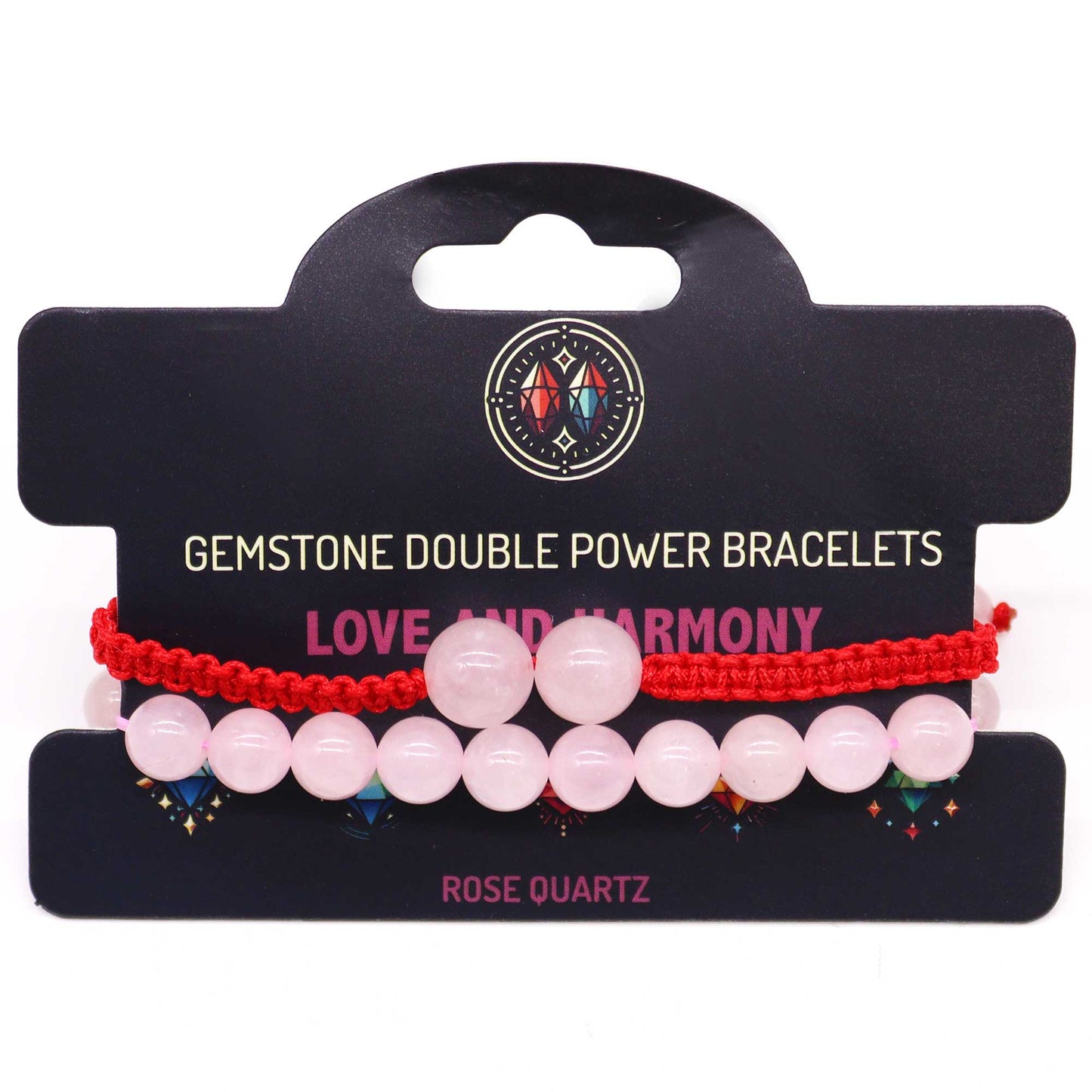 Rose Quartz gemstone bracelet with two large beads and “Love and harmony” affirmation on elastic cord.