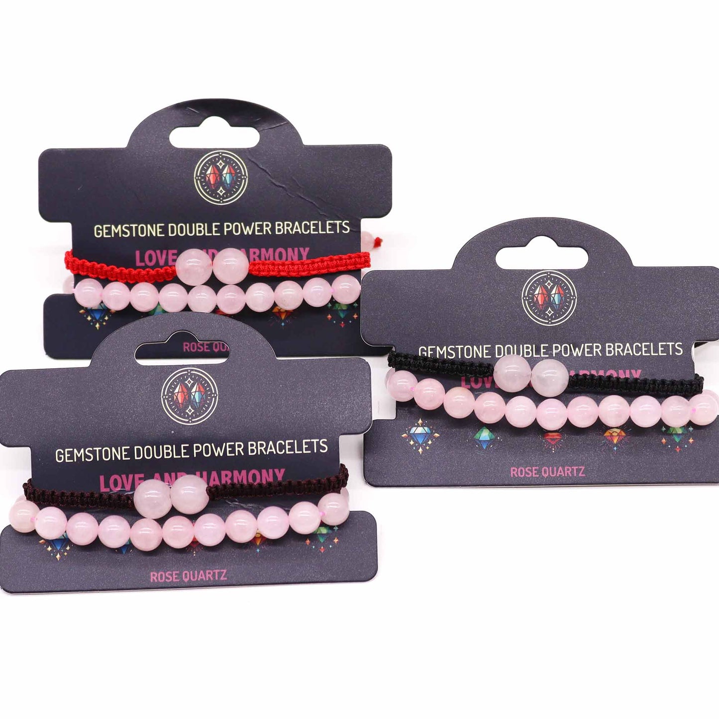 Rose Quartz gemstone bracelet with two large beads and “Love and harmony” affirmation on elastic cord.