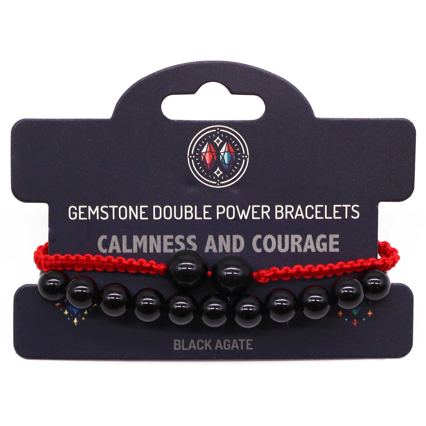Black Agate gemstone bracelet with two large beads and “Calmness and courage” affirmation on elastic cord.