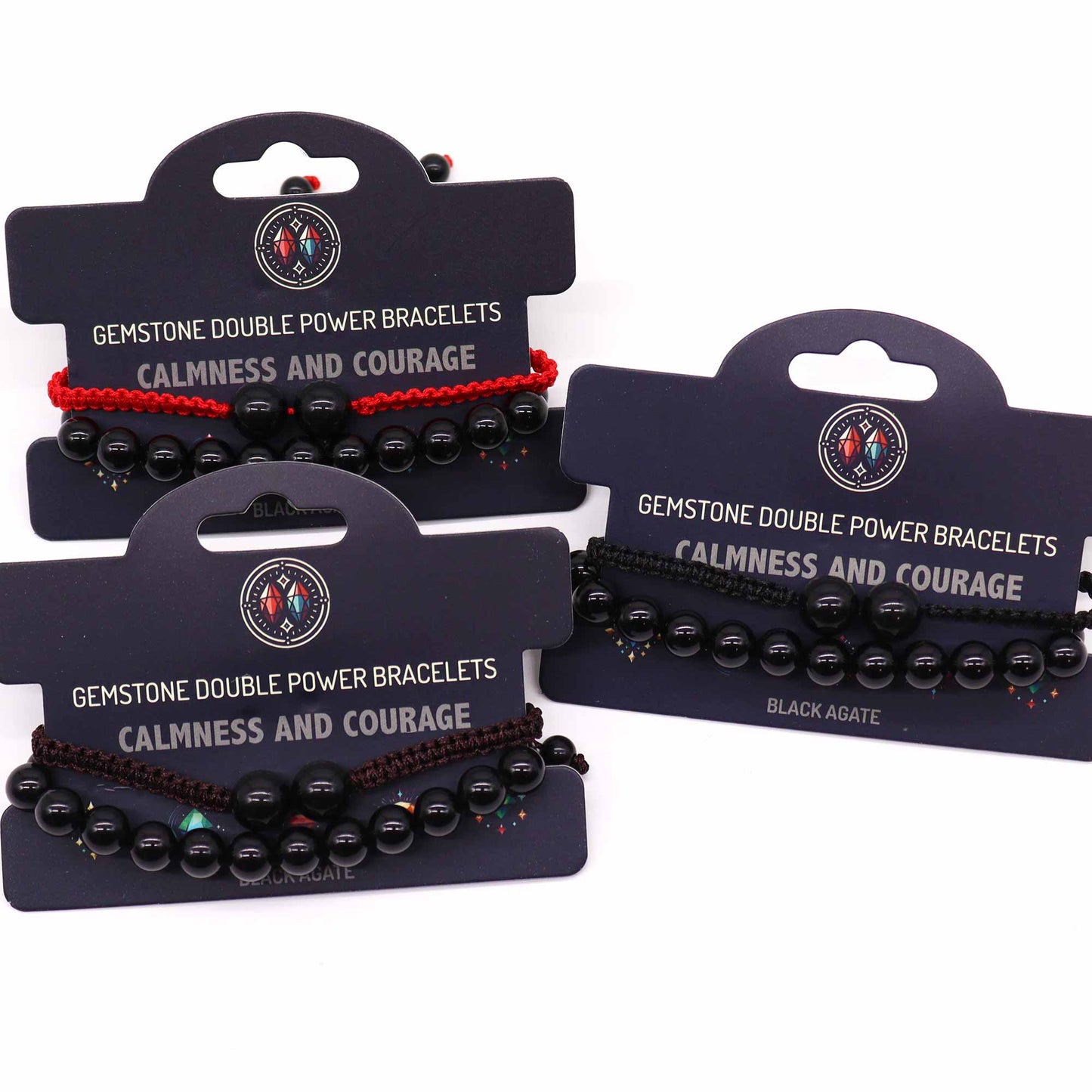 Black Agate gemstone bracelet with two large beads and “Calmness and courage” affirmation on elastic cord.