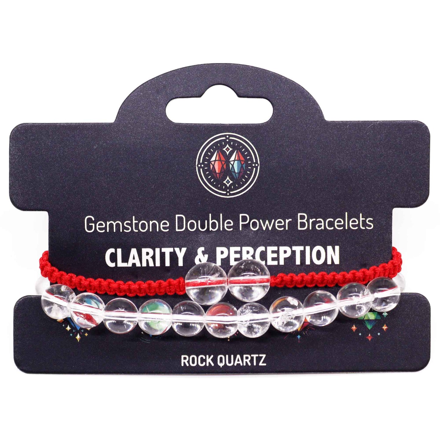 Rock Quartz gemstone bracelet with two large beads and “Clarity and perception” affirmation on elastic cord.