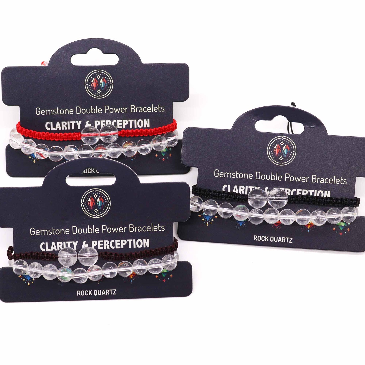 Rock Quartz gemstone bracelet with two large beads and “Clarity and perception” affirmation on elastic cord.