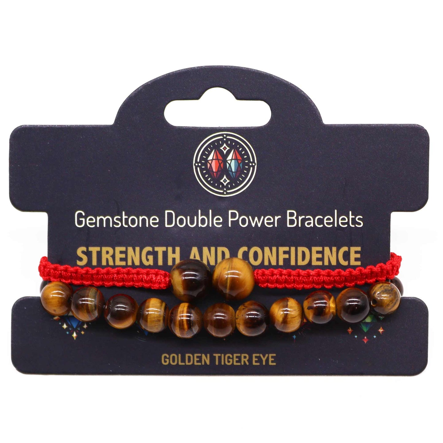 Tiger’s Eye gemstone bracelet with two large beads and “Strength and confidence” affirmation on elastic cord.