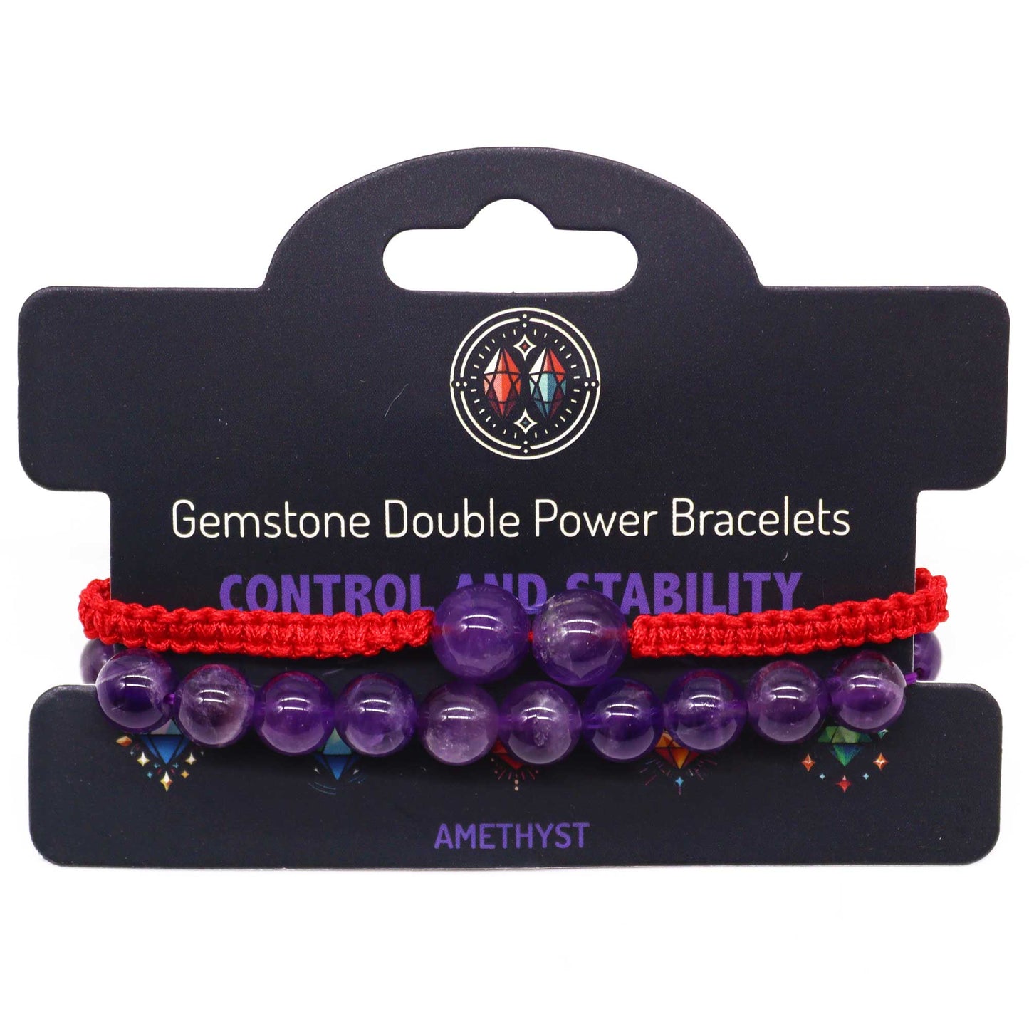 Amethyst gemstone bracelet with two large beads and “Control and stability” affirmation on adjustable elastic cord.