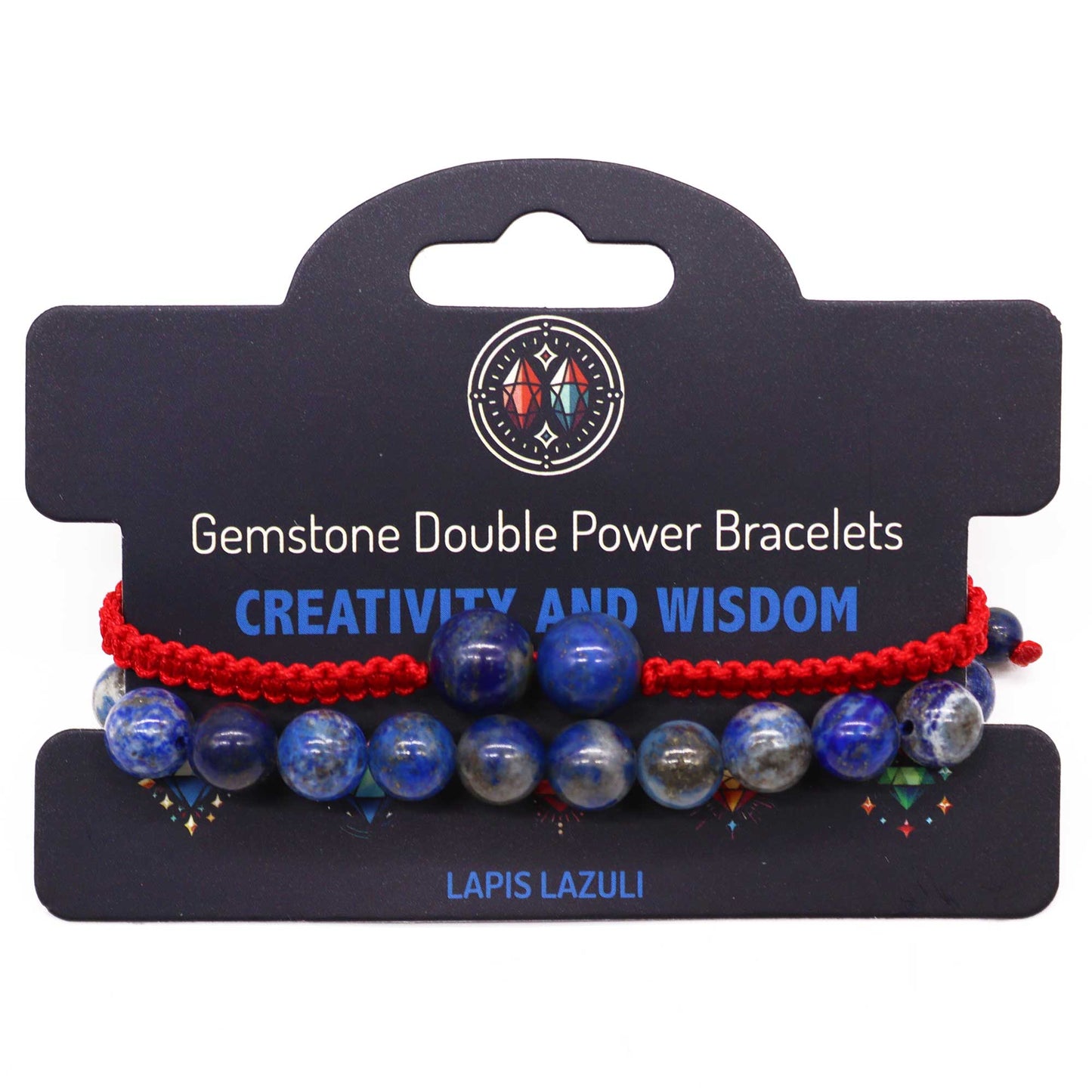 Lapis Lazuli gemstone bracelet with two large beads and “Creativity and wisdom” affirmation on adjustable elastic cord.
