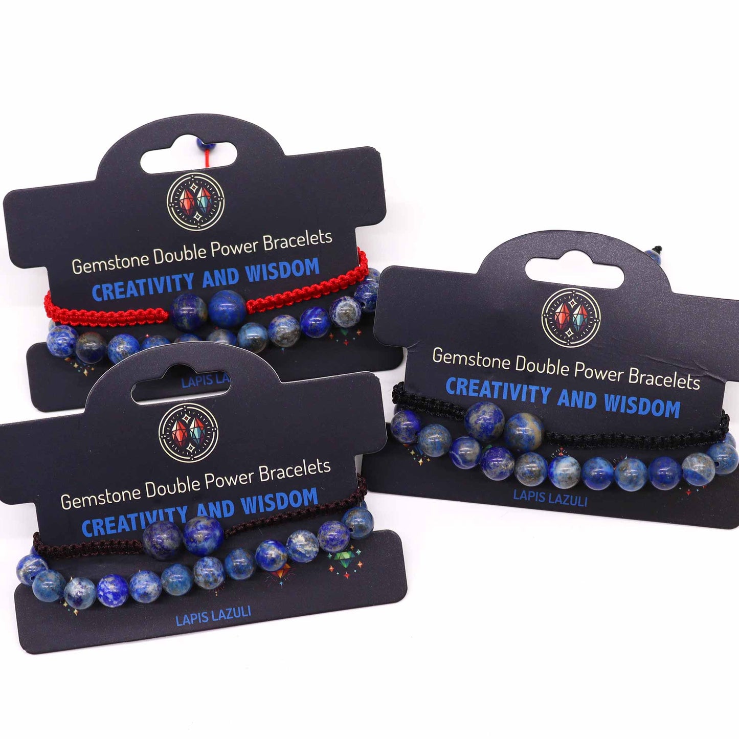 Lapis Lazuli gemstone bracelet with two large beads and “Creativity and wisdom” affirmation on adjustable elastic cord.