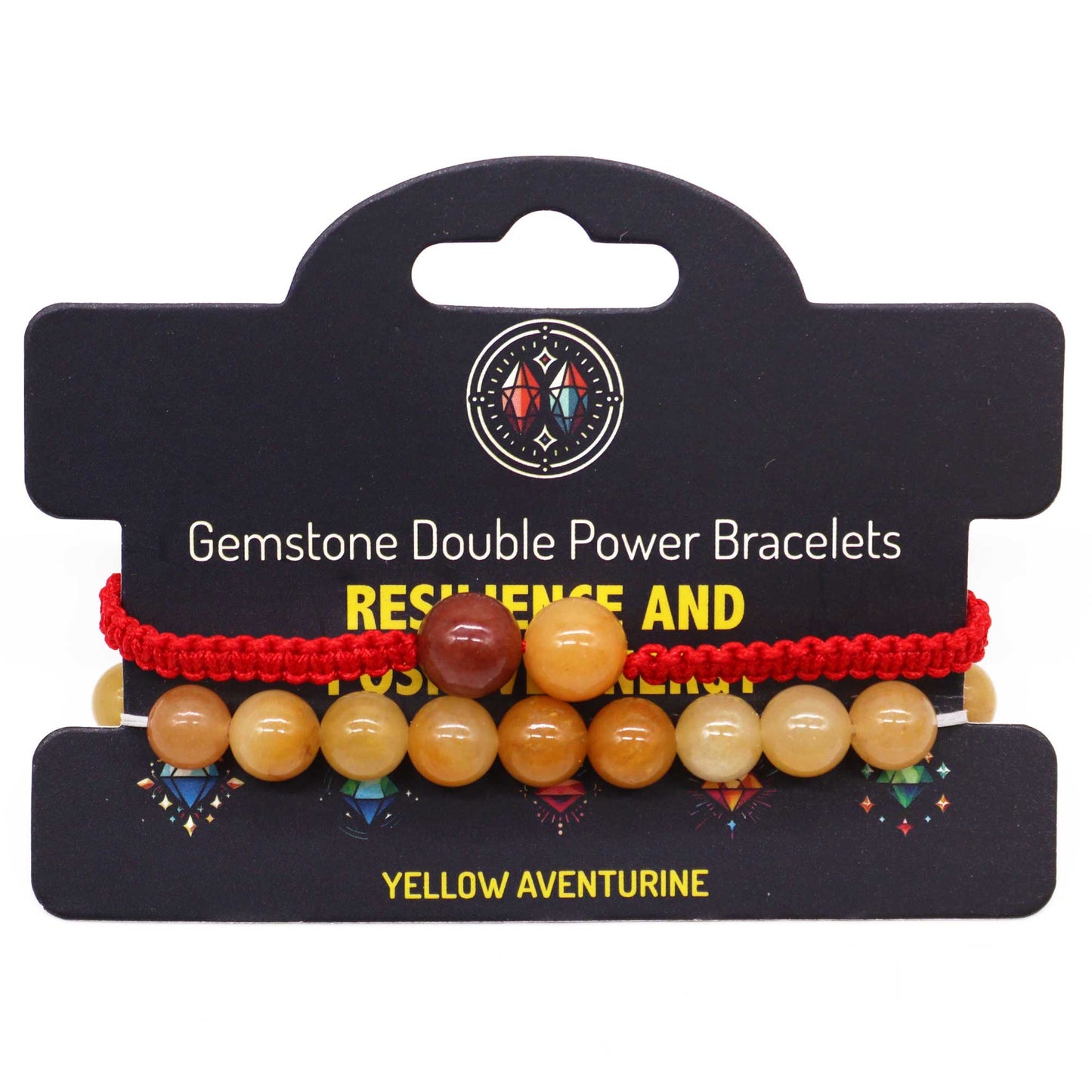 Gemstone bracelet with Yellow Aventurine beads and “Resilience and positive energy” affirmation on elastic cord.