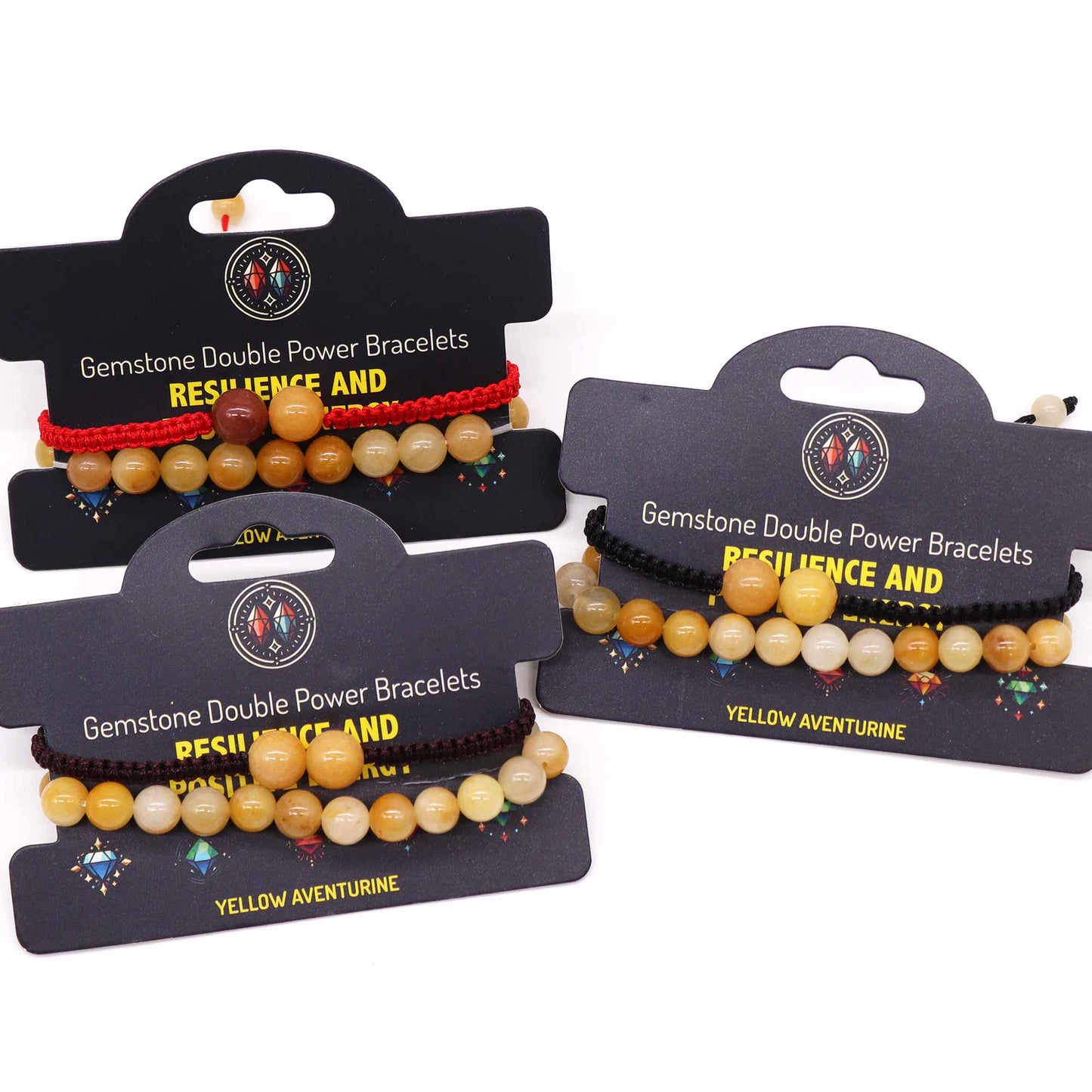 Gemstone bracelet with Yellow Aventurine beads and “Resilience and positive energy” affirmation on elastic cord.