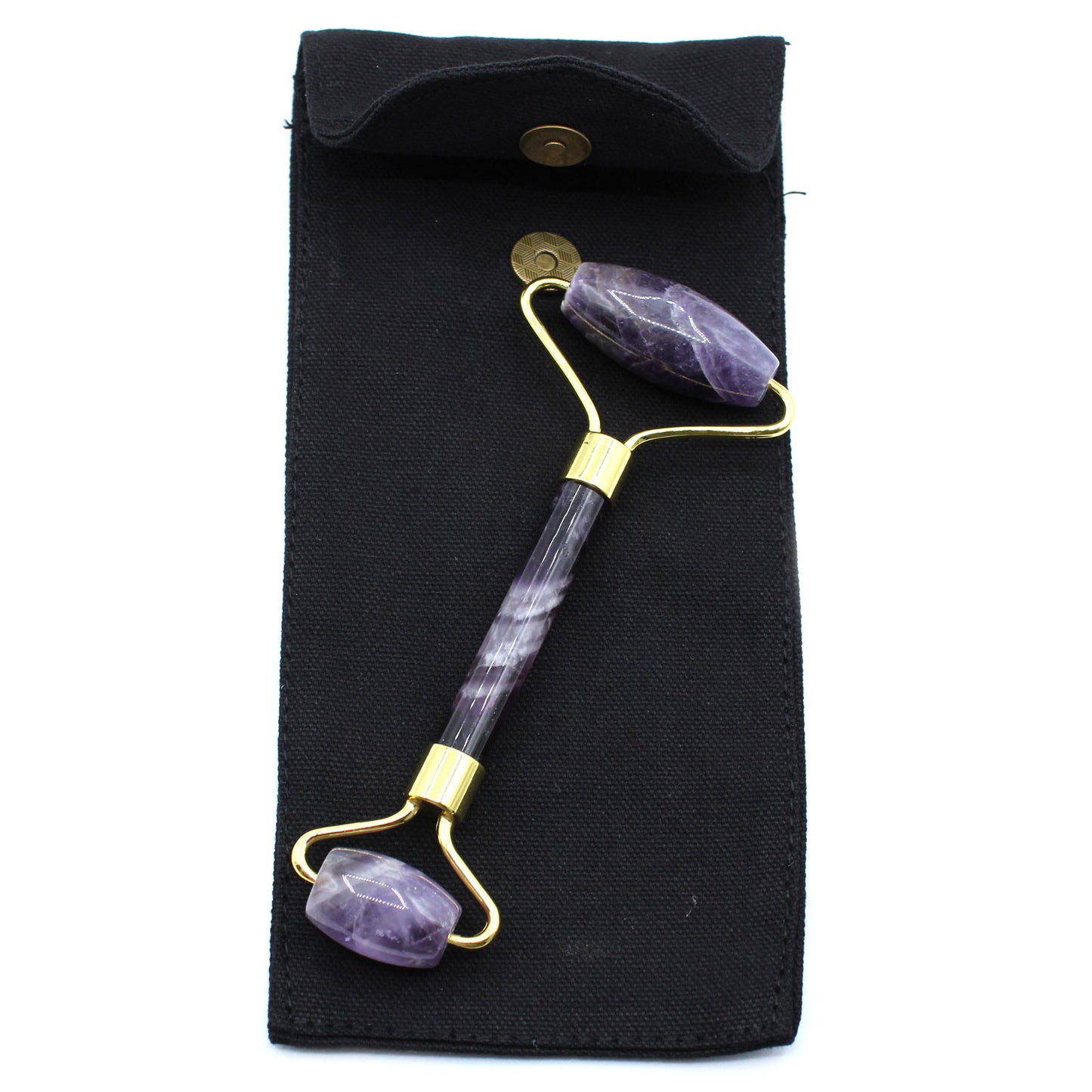 Amethyst crystal face roller with calming energy, ideal for facial massage and spiritual skincare.