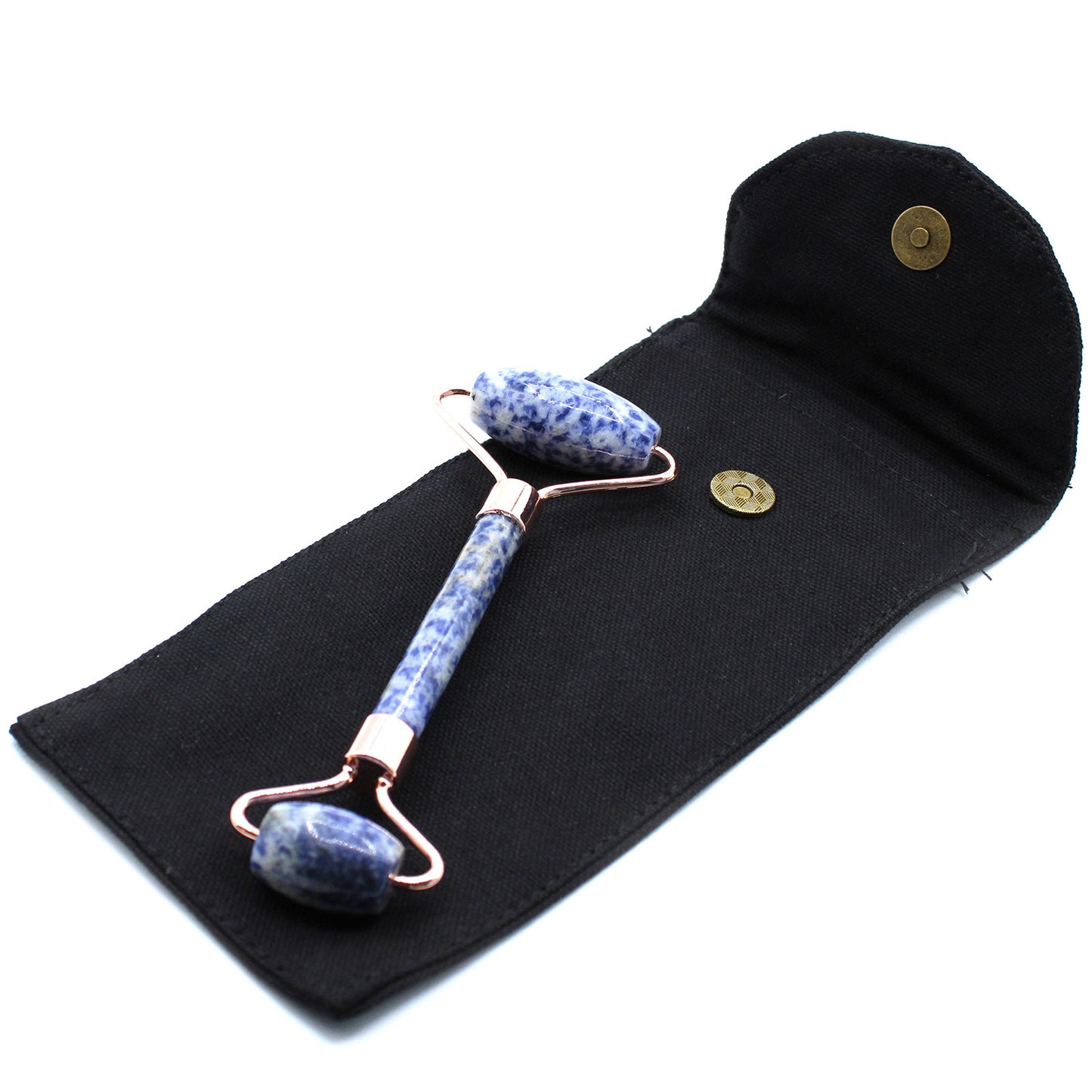 Sodalite crystal face roller with calming blue stone for skin clarity and facial massage.