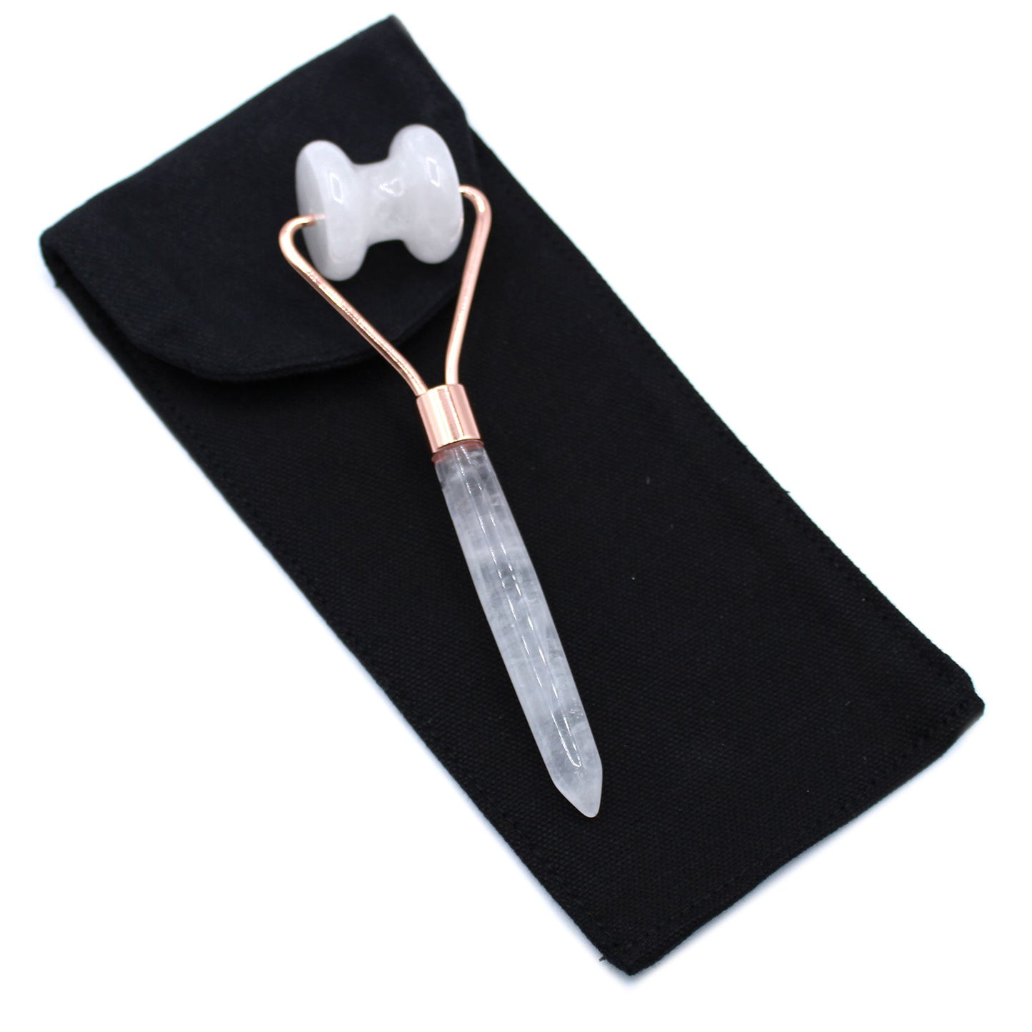 Rock Quartz jawline roller with contoured design for skin clarity and facial toning.