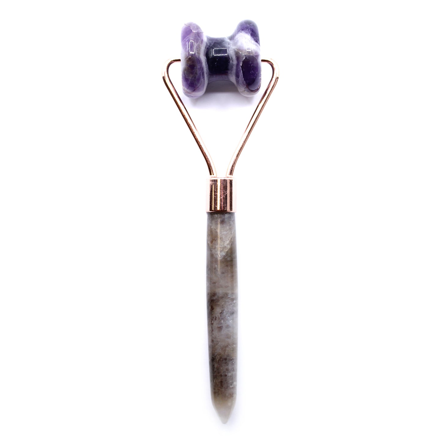 Amethyst crystal jawline roller with curved design for calming, targeted facial massage.