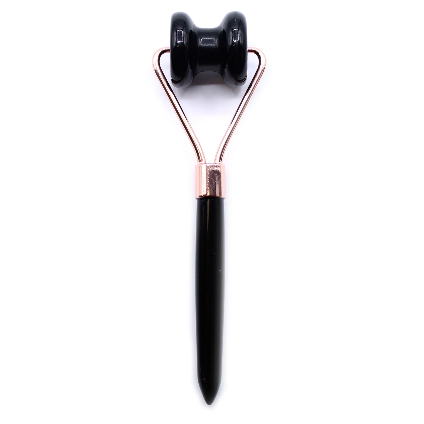 Black Obsidian jawline roller with curved head for detoxifying and sculpting facial massage.