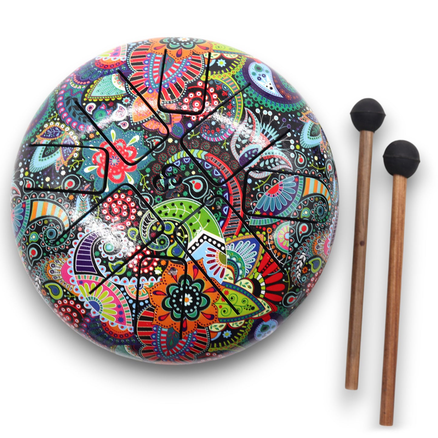 Colourful mandala-patterned steel tongue drum with Om symbol – 18cm, 8-note design with mallets for music, decor, or mindfulness.