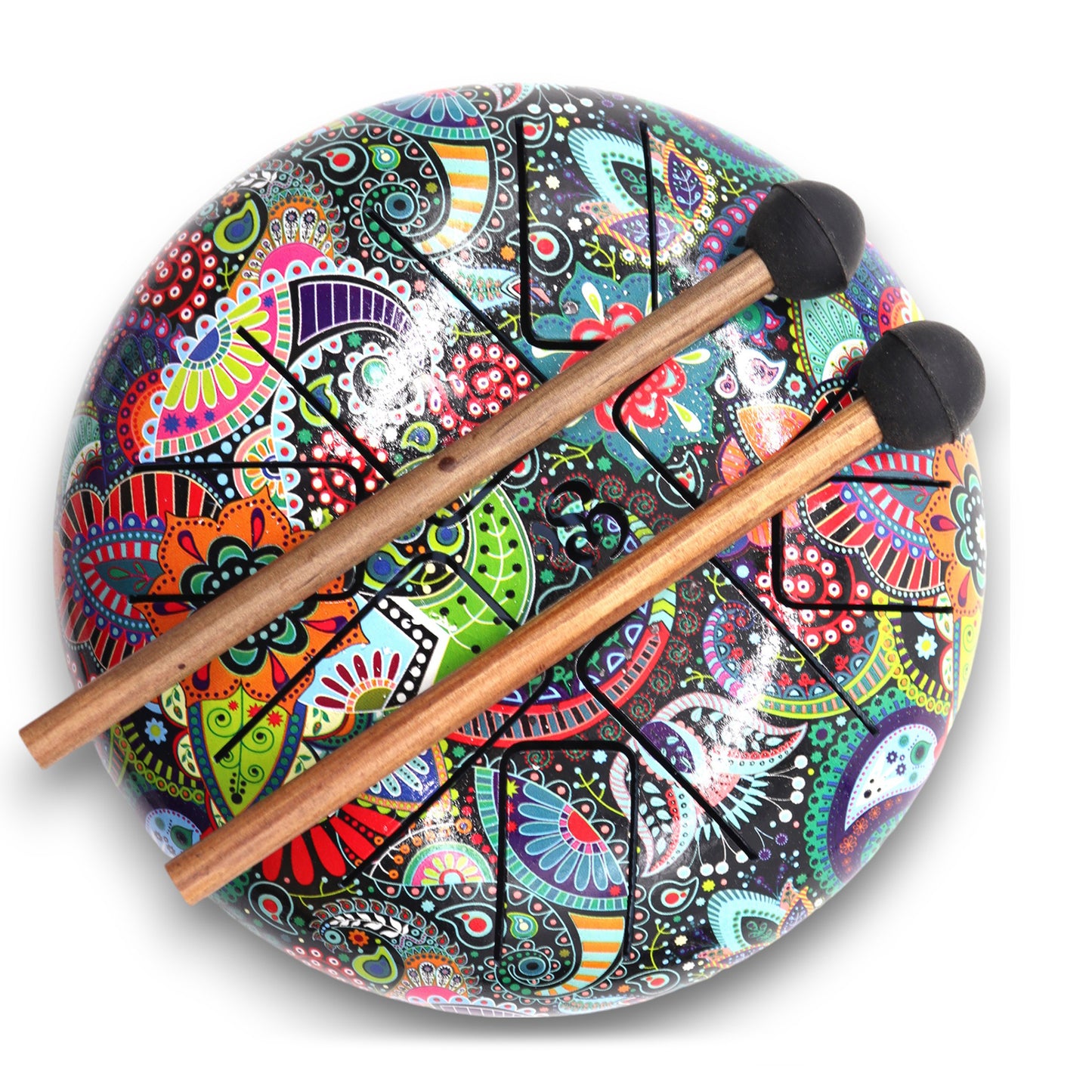 Colourful mandala-patterned steel tongue drum with Om symbol – 18cm, 8-note design with mallets for music, decor, or mindfulness.