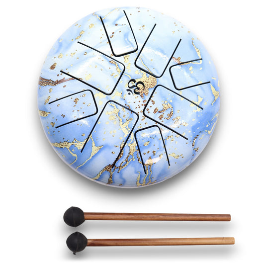Steel tongue drum with sky blue and gold marbled finish, Om symbol at centre – 18cm, 8-note with wooden mallets for sound healing and meditation.