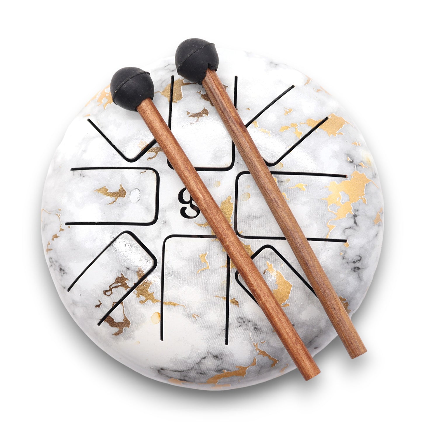 Marble-style steel tongue drum with Om symbol and gold accents – 18cm, includes mallets for meditation and sound therapy.