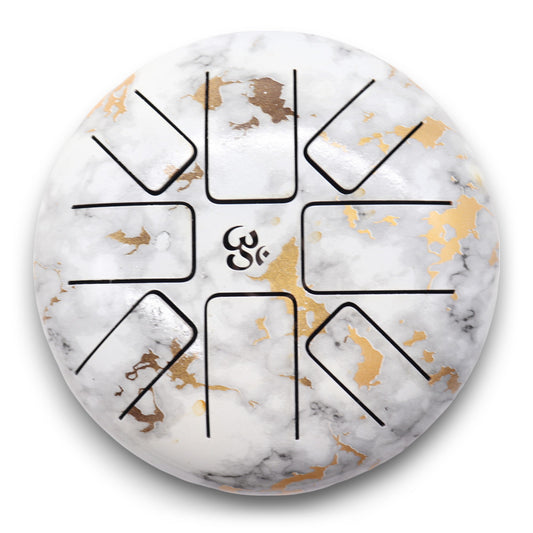 Marble-style steel tongue drum with Om symbol and gold accents – 18cm, includes mallets for meditation and sound therapy.