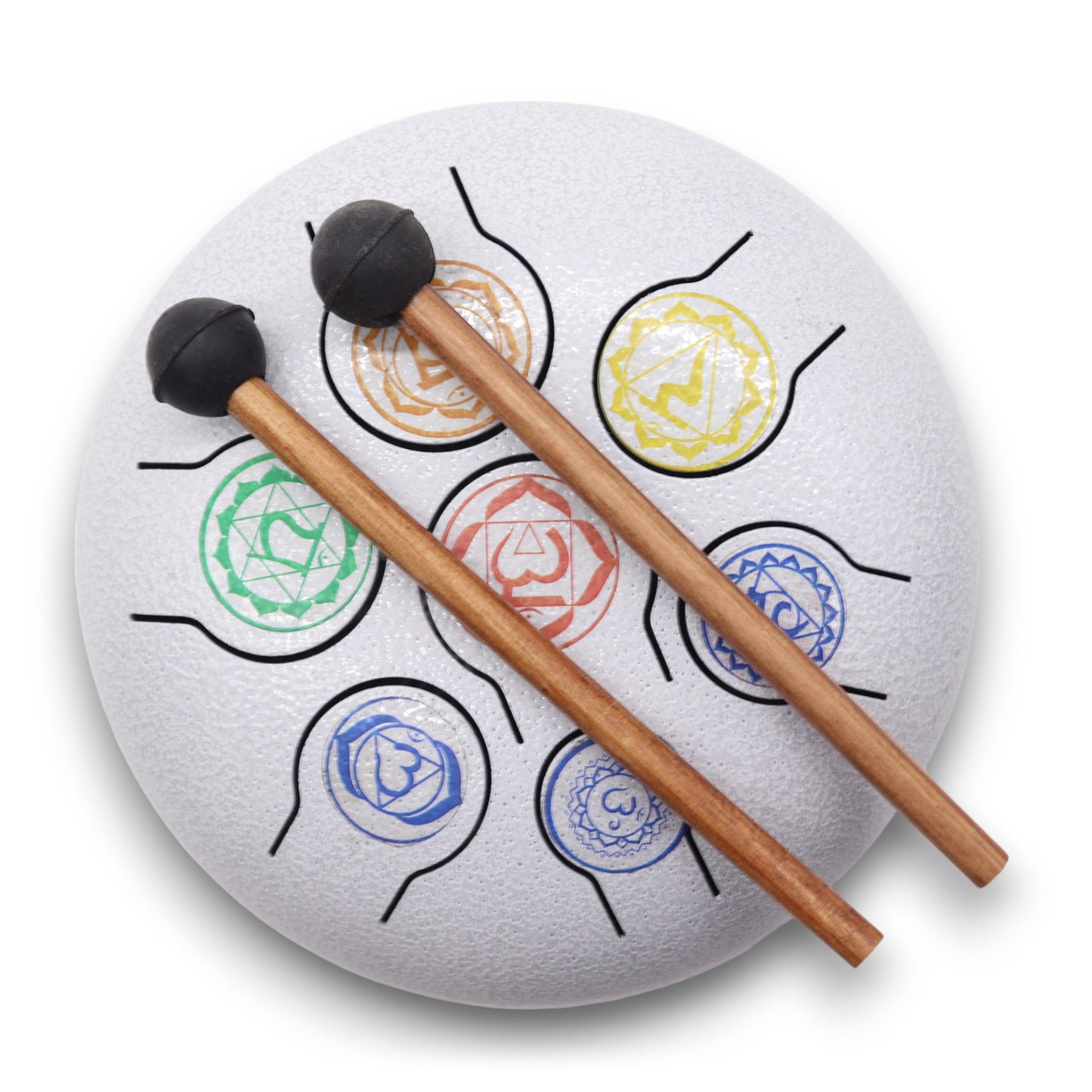Steel tongue drum with 7 chakra symbols on white finish – 18cm, 8-note layout with wooden mallets for meditation and healing.