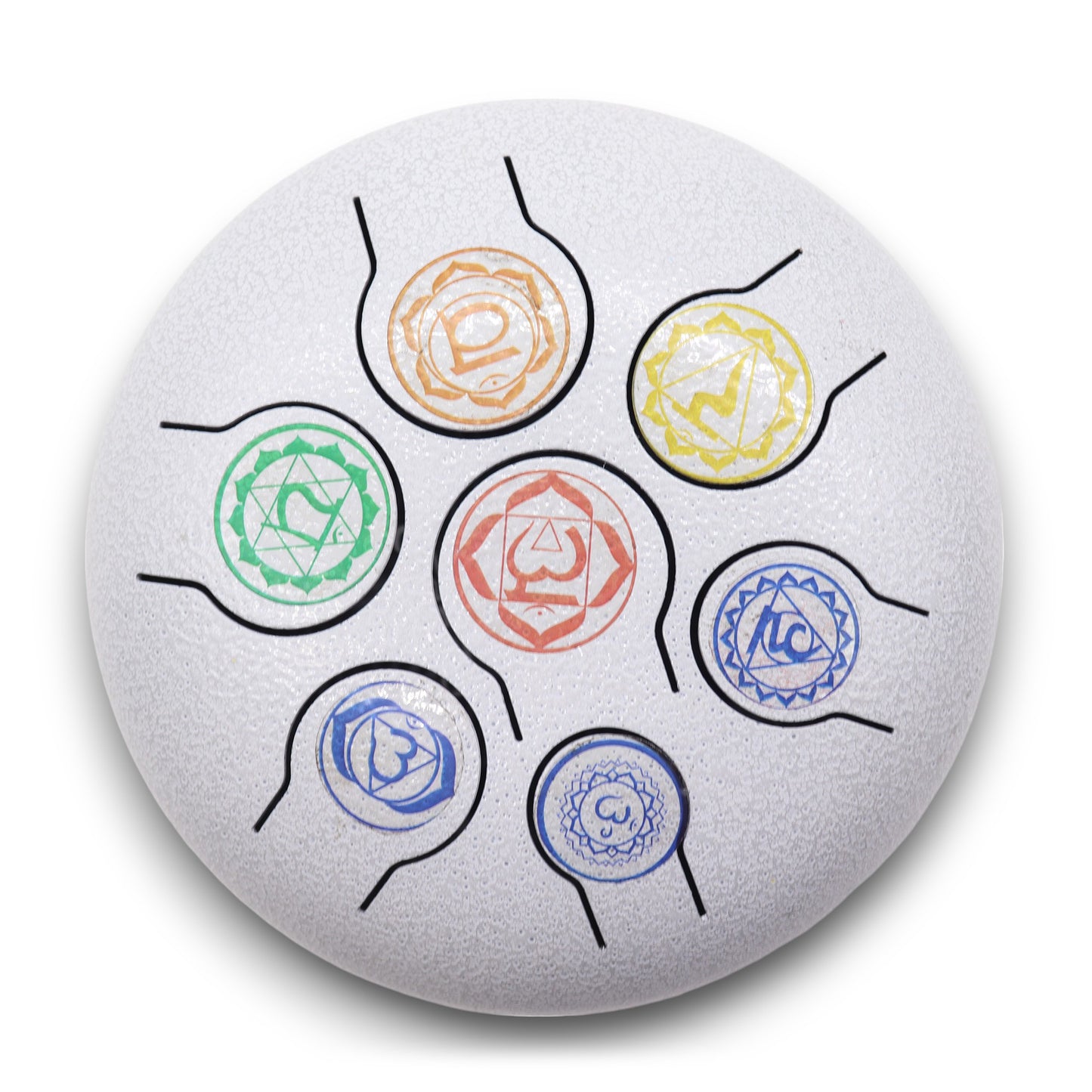 Steel tongue drum with 7 chakra symbols on white finish – 18cm, 8-note layout with wooden mallets for meditation and healing.