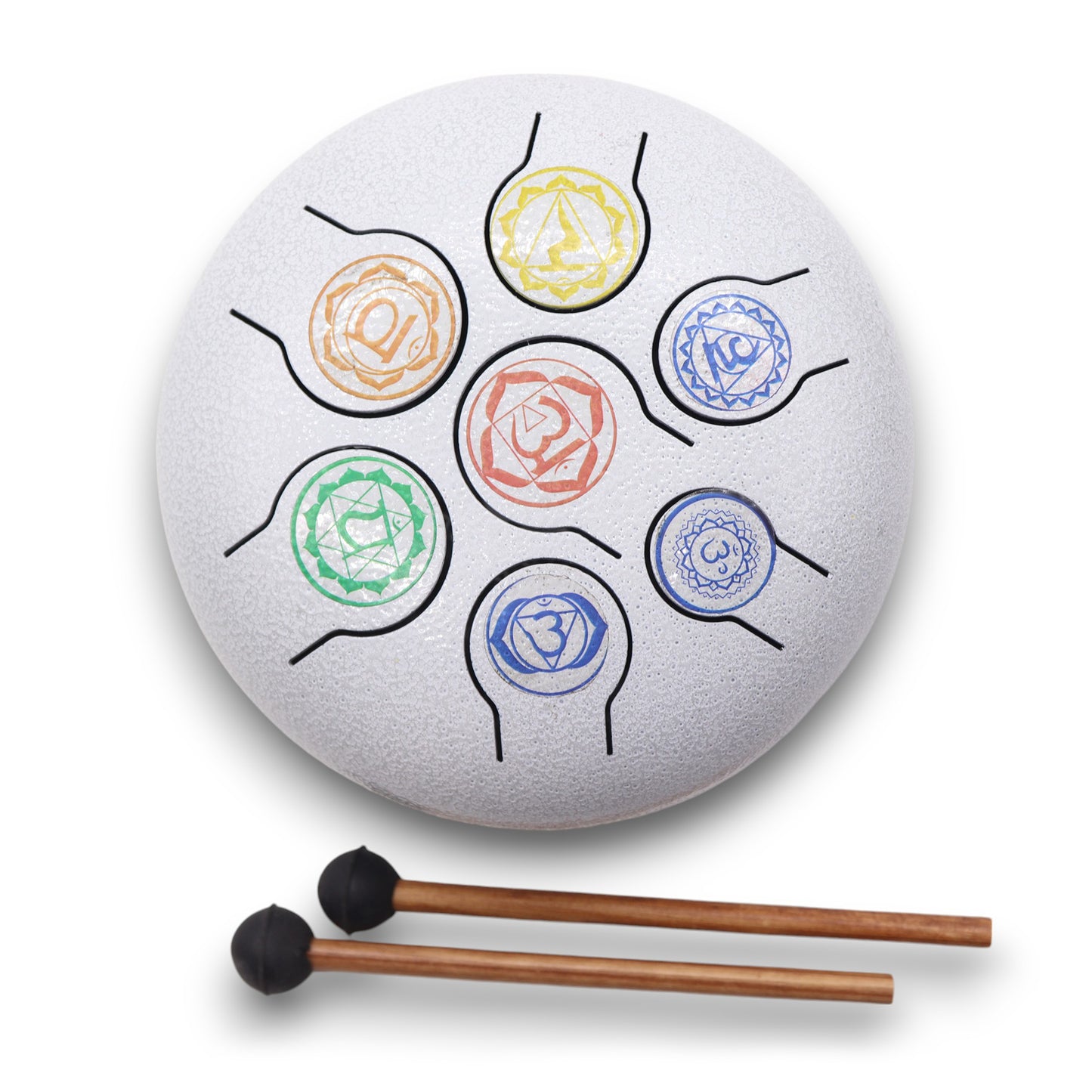 Steel tongue drum with 7 chakra symbols on white finish – 18cm, 8-note layout with wooden mallets for meditation and healing.