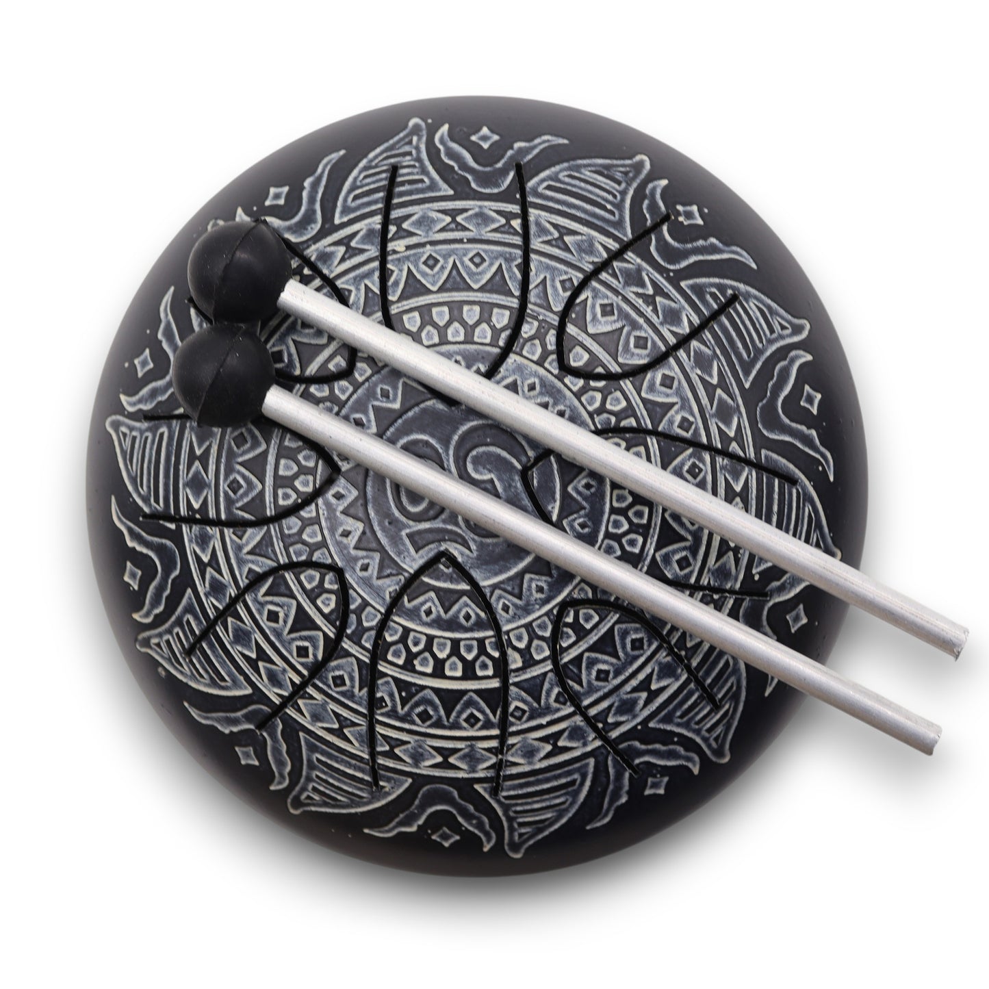 Steel tongue drum in black with engraved Om mandala design – 16cm, 8-note layout with mallets for meditation and sound healing.