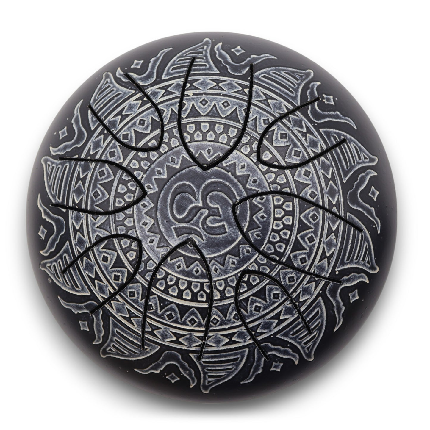 Steel tongue drum in black with engraved Om mandala design – 16cm, 8-note layout with mallets for meditation and sound healing.