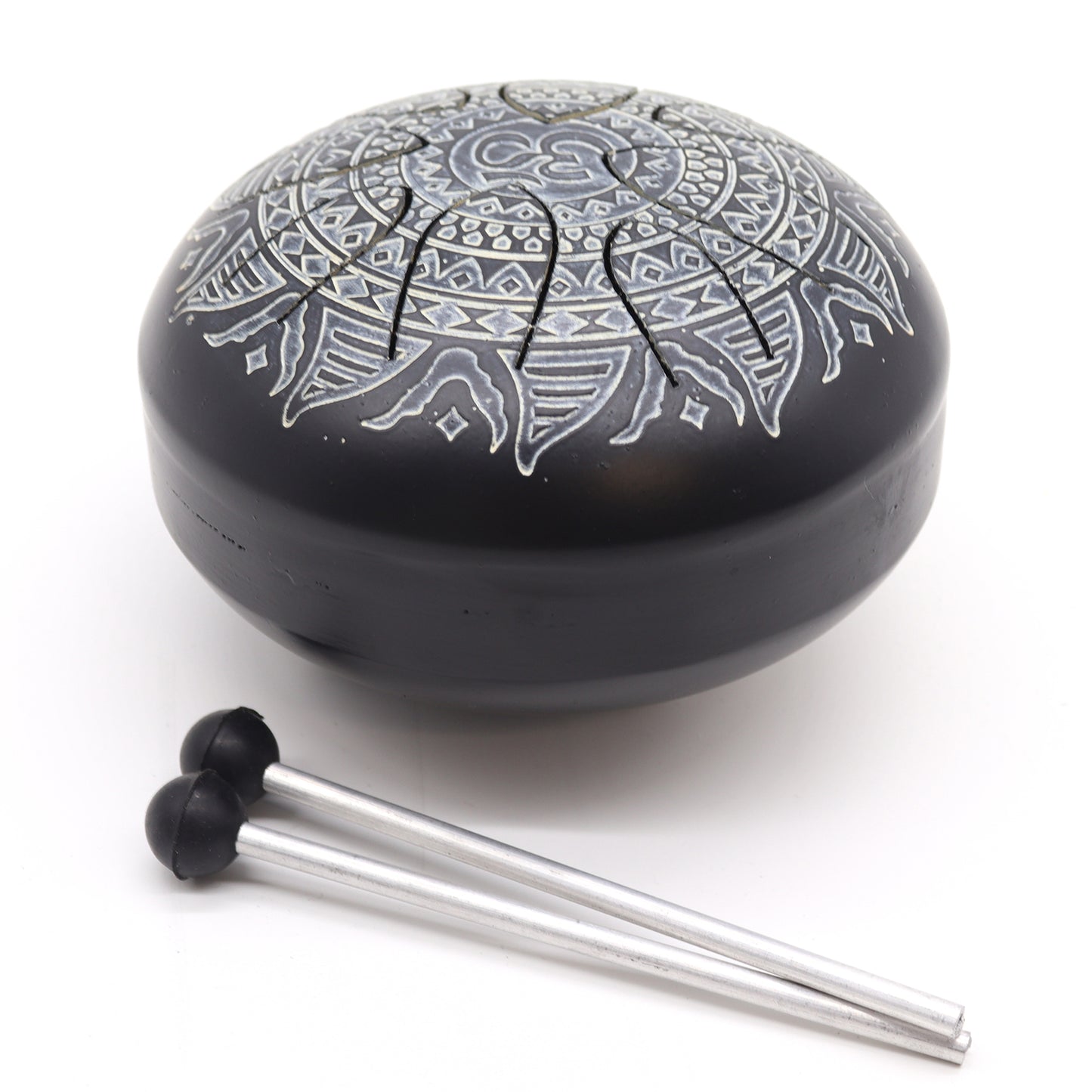 Steel tongue drum in black with engraved Om mandala design – 16cm, 8-note layout with mallets for meditation and sound healing.