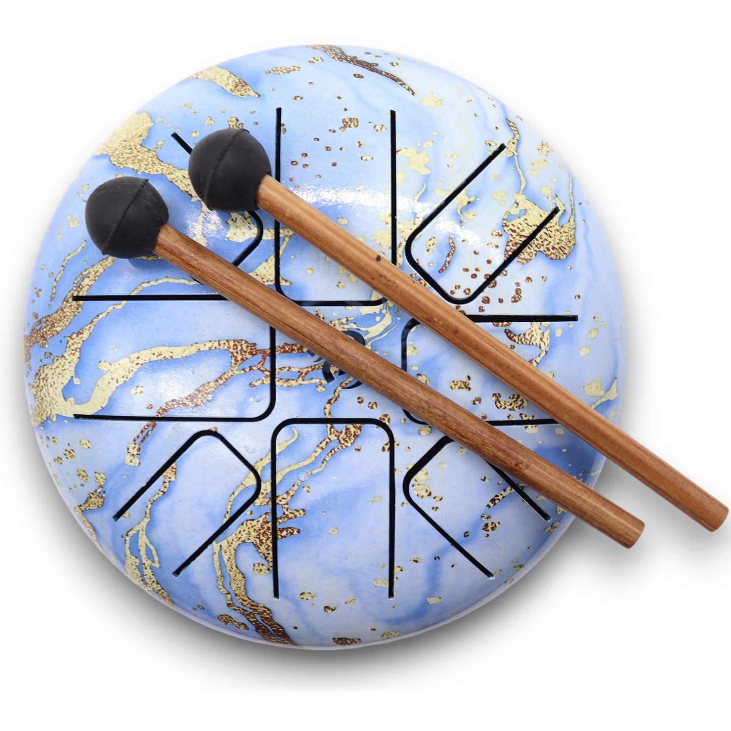 Steel Tongue Drum – Small in Blue Sky design with gold detail and mallets (17x13cm)