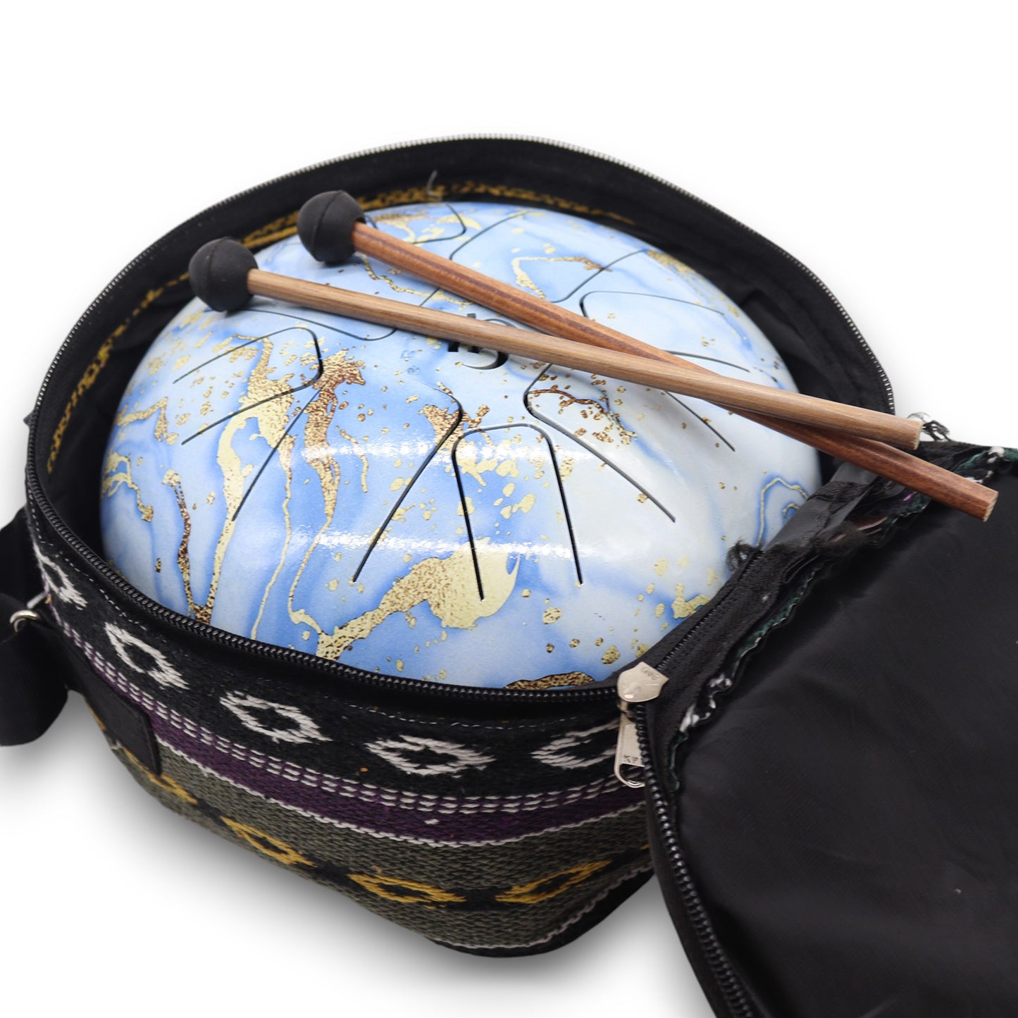 Steel Tongue Drum – Small in Blue Sky design with gold detail and mallets (17x13cm)